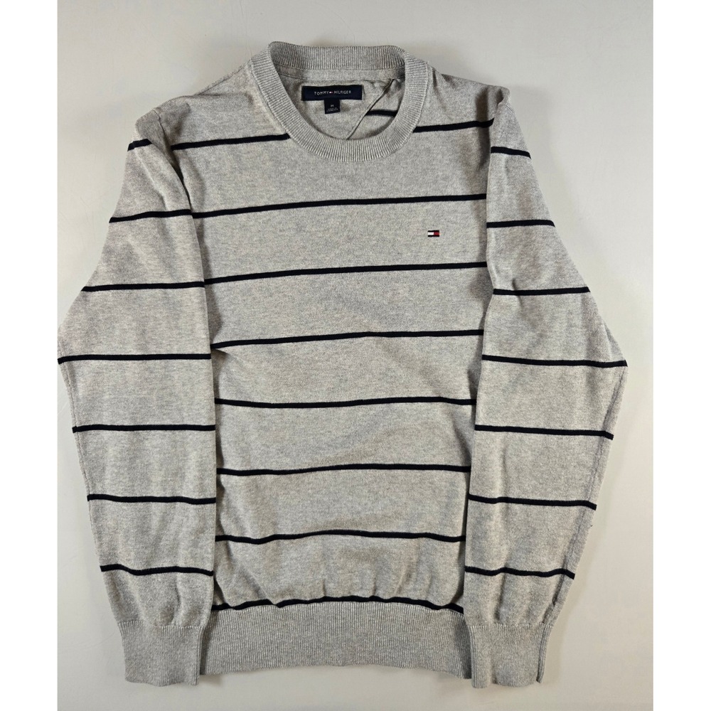 Tommy Hilfiger Mens Striped Crewneck Sweater Gray Navy Blue Size M